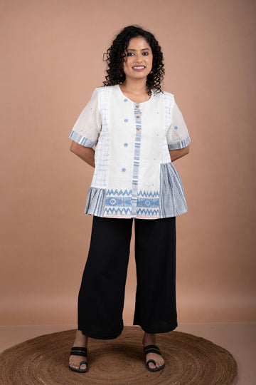 Off-White Jamdani Top – Handloom Checks & Striped Flare